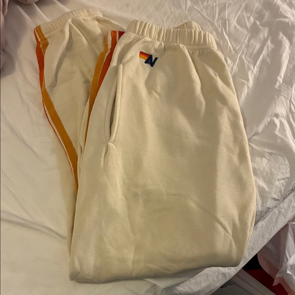 Aviator Nation Cream Joggers with Rainbow Stripes